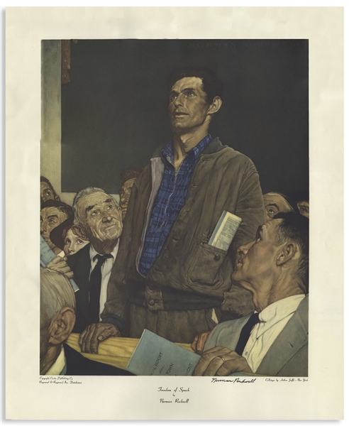 Norman Rockwell Signed ''Freedom of Speech'' Poster Measuring 29'' x 35'' -- Depicting a Man Speaking Freely at a Town Hall